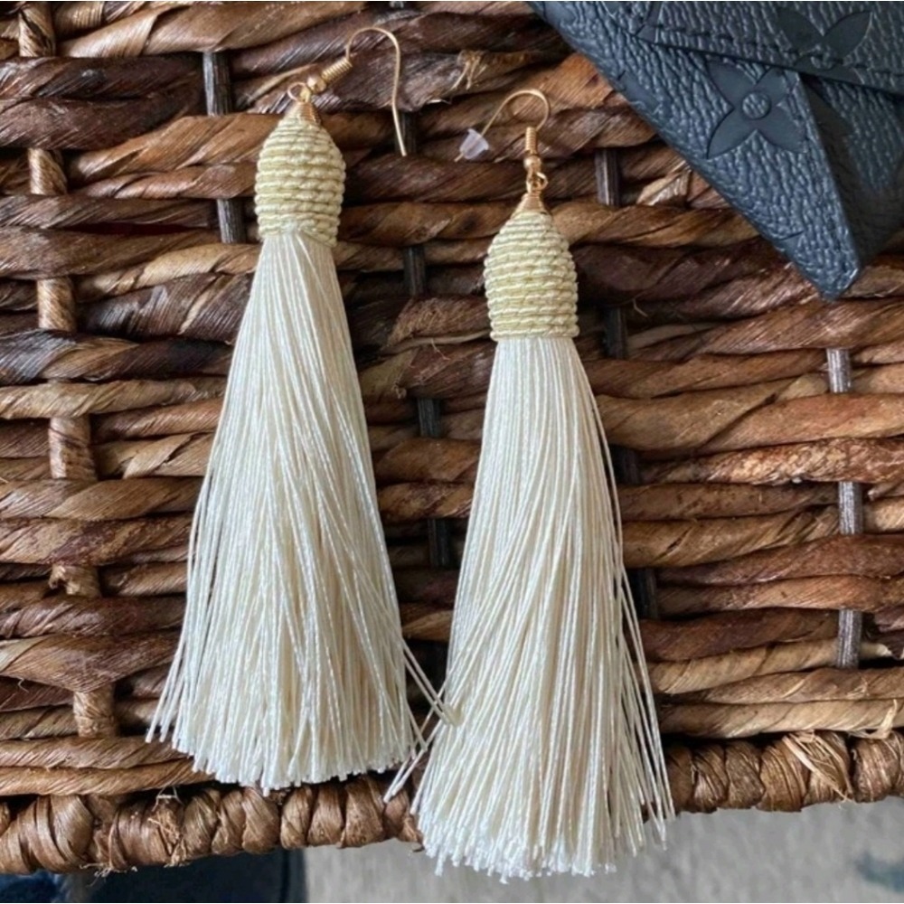 Gold Boho Statement Tassel Earrings cream Fringe feminine 💖2/$30